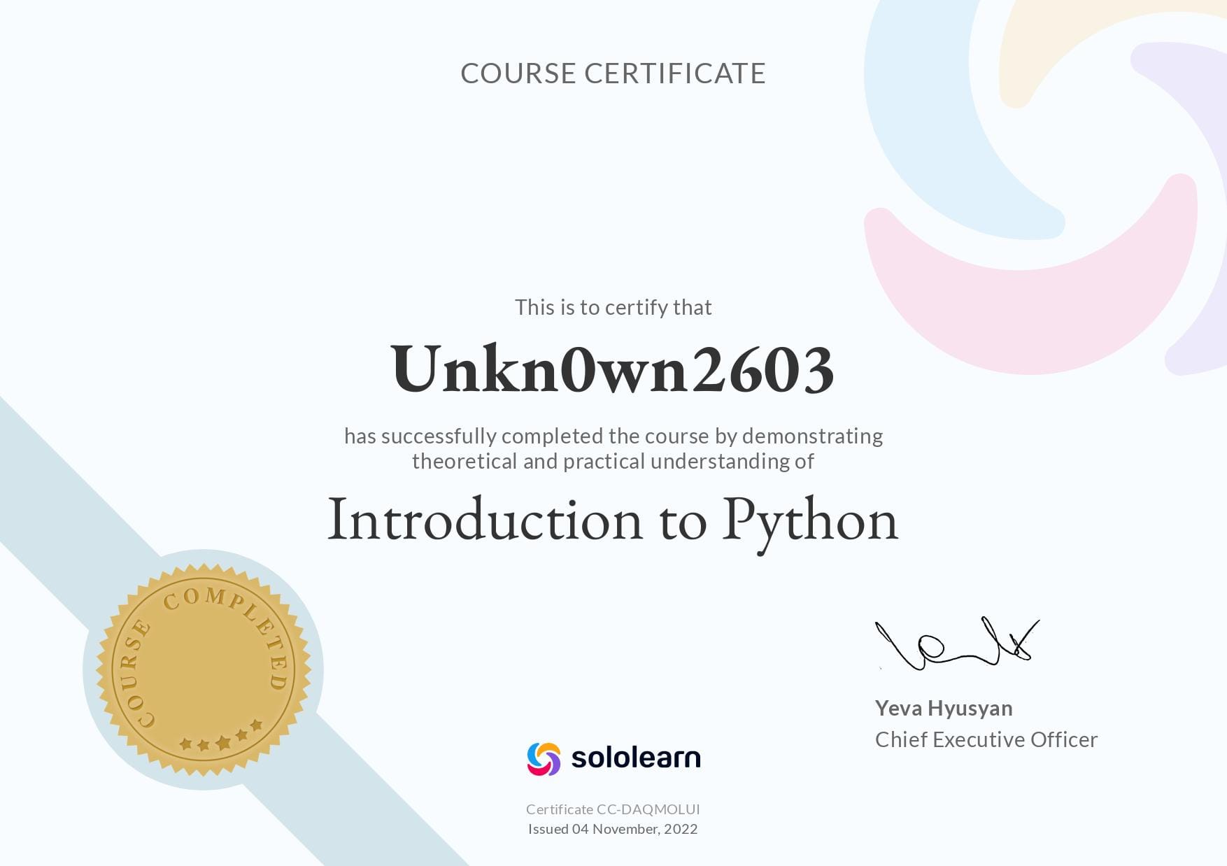 Python Developer certificate