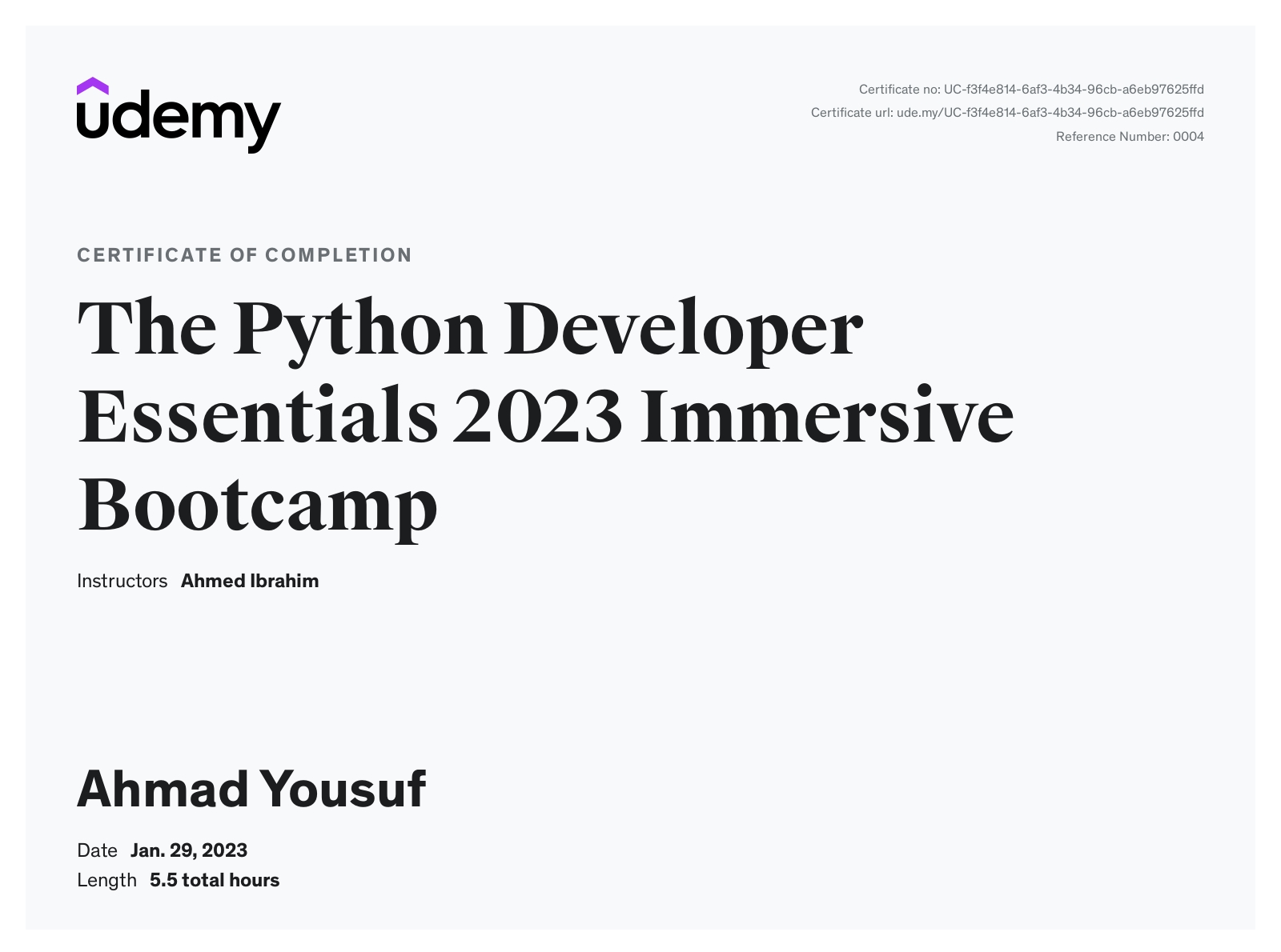 Complete Python Bootcamp certificate