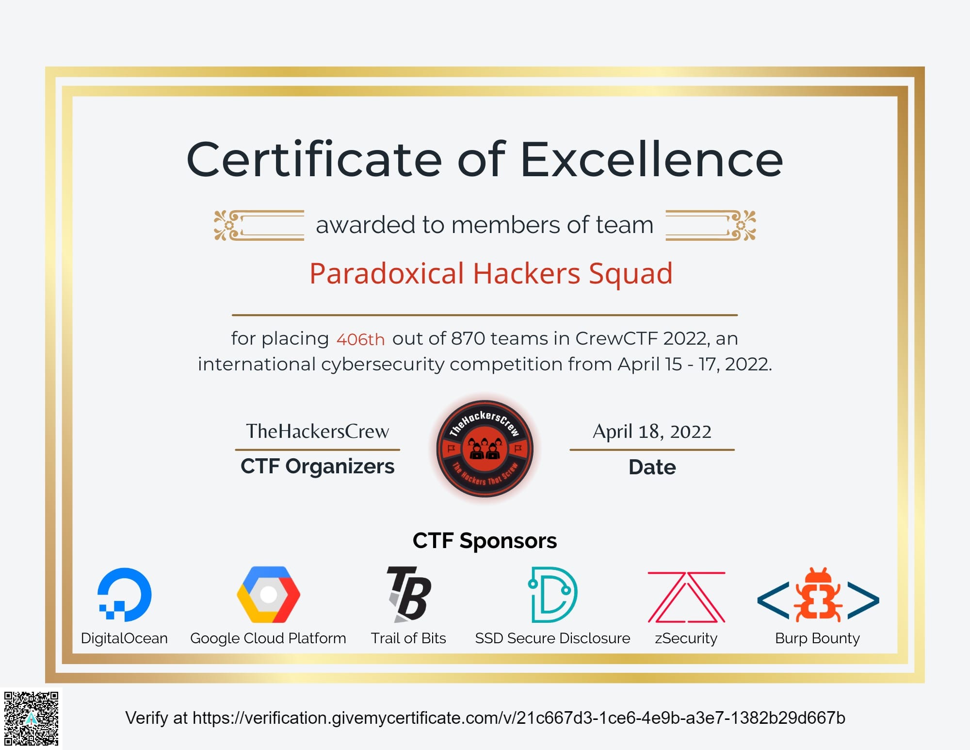 CrewCTF 2022 certificate