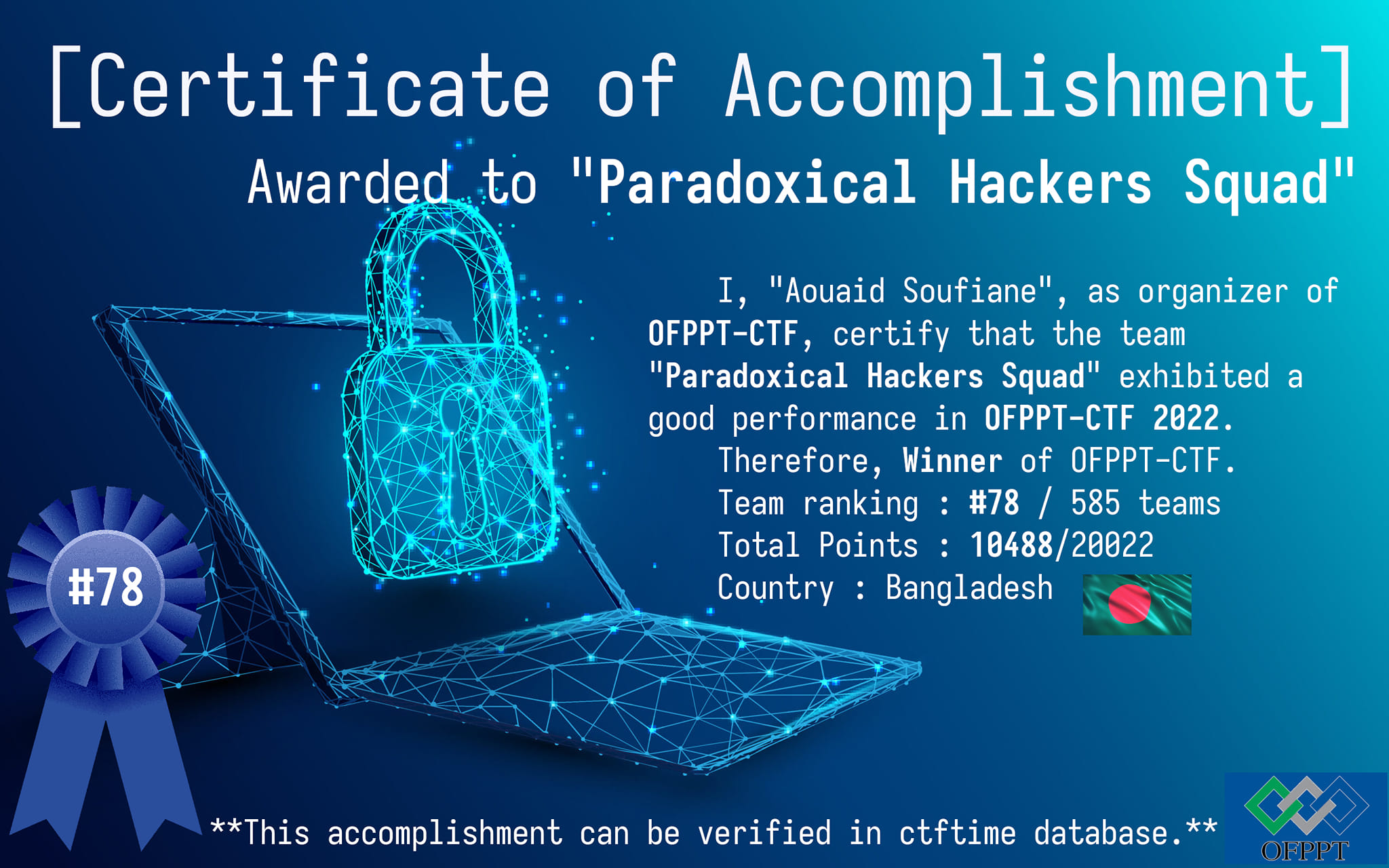 OFPPT CTF 2022 certificate