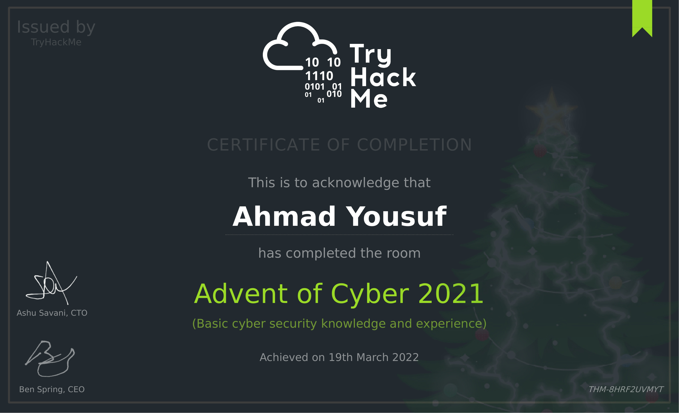 Advent of Cyber 2021 certificate