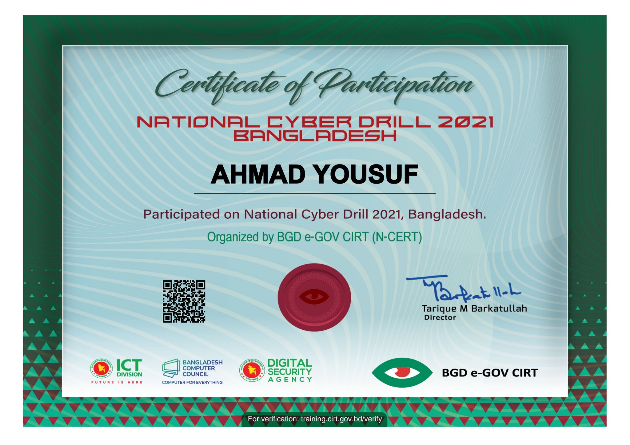 Bangladesh National CTF 2021 certificate