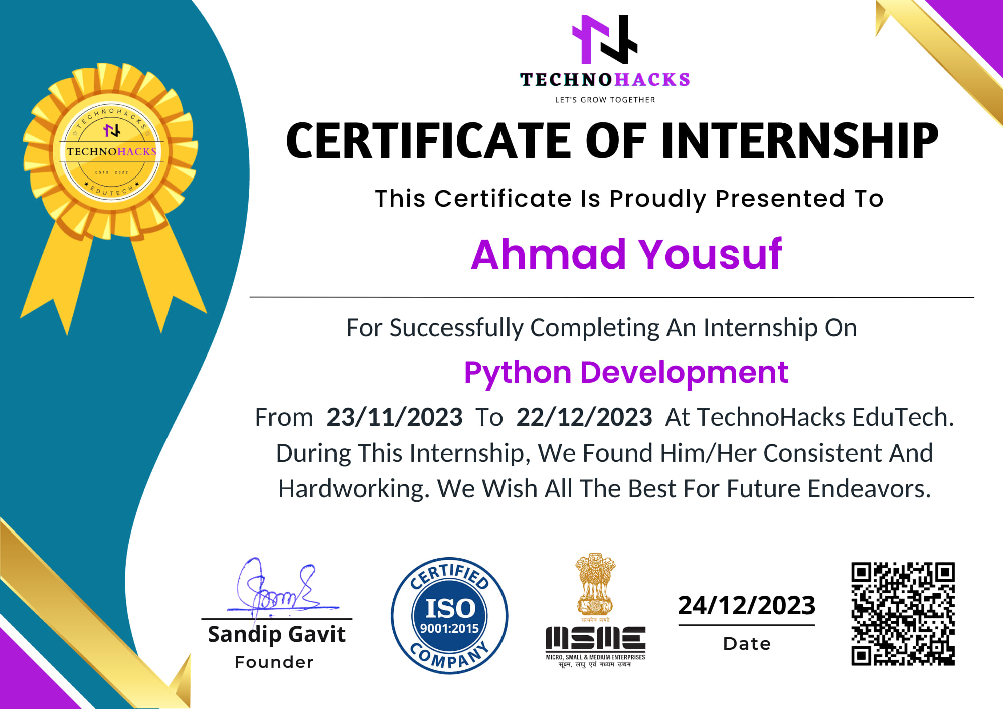 Python Developer Intern certificate